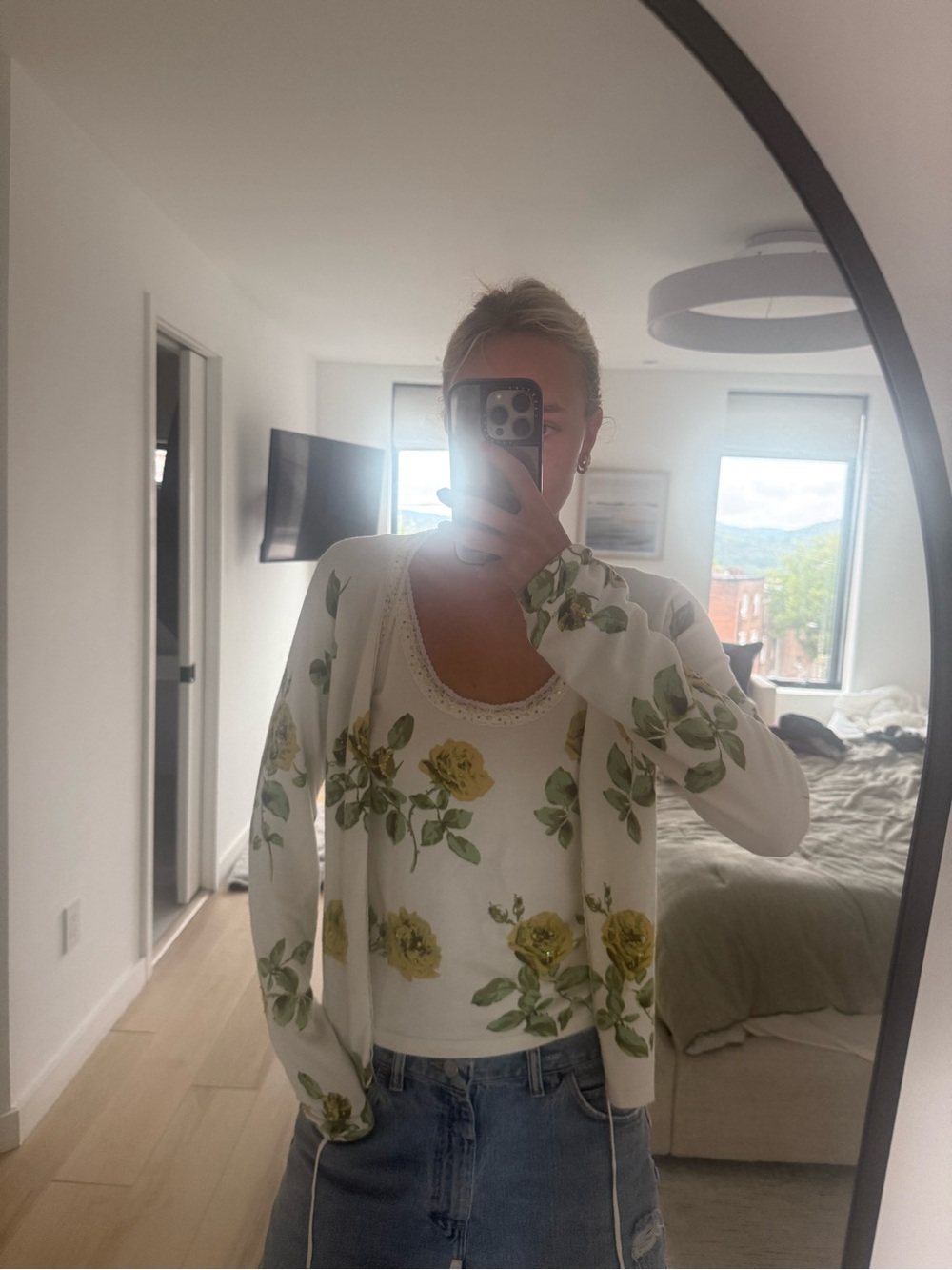 Vertigo Floral Lace-Trim Tank & Cardigan Set - White with Yellow Rose Print